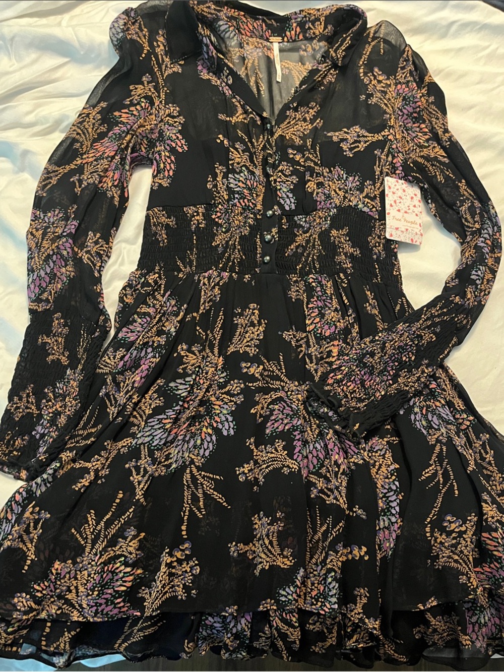 Free People Black Floral Long-Sleeve Mini Dress - Lavender & Gold Print